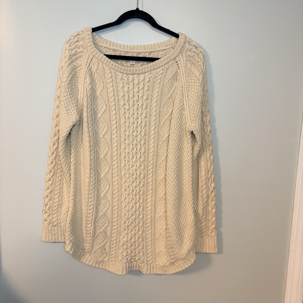 LL Bean Women's Signature Cotton Fisherman Tunic Sweater Large Beige Cable Knit